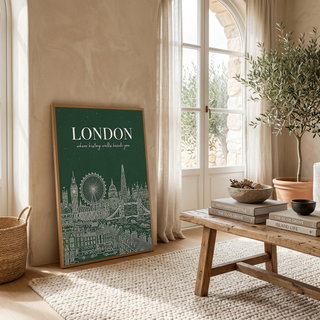 London Line Art Print — Forest Green Big Ben London Eye Skyline Wall Art