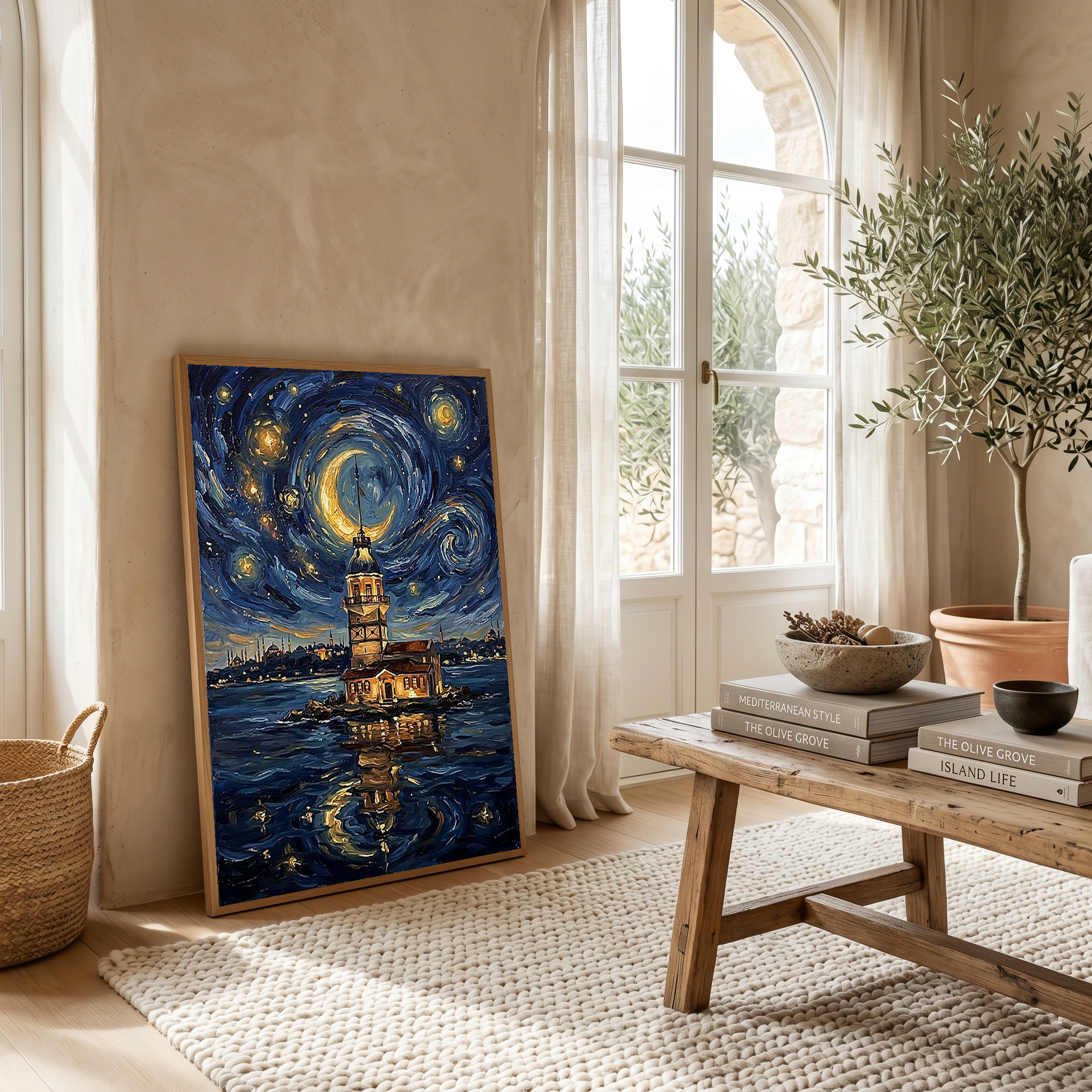 Maiden Tower Istanbul Crescent Moon Print — Van Gogh-Style Bosphorus Wall Art