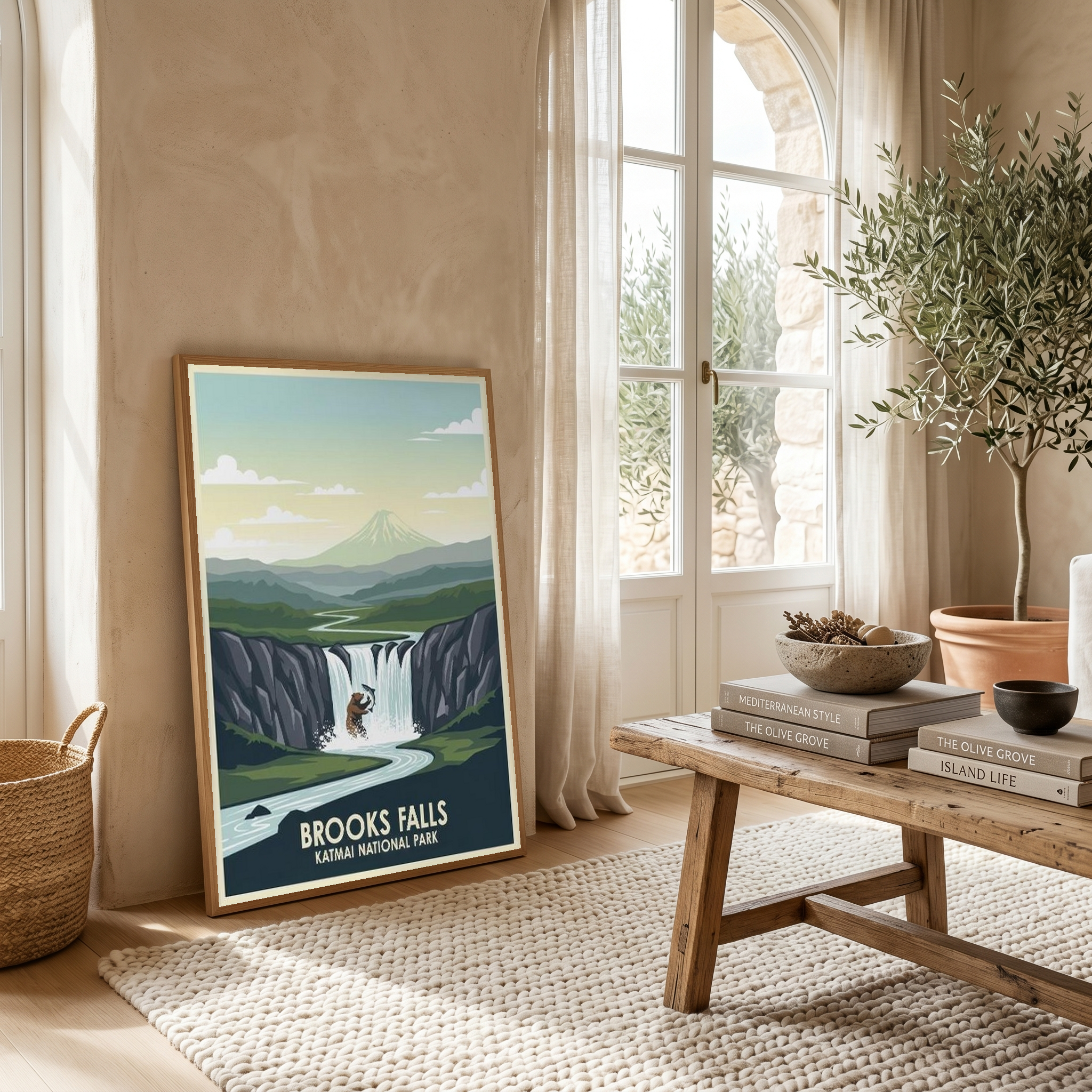 Katmai National Park Poster — Vintage Alaska Brooks Falls Brown Bear Salmon Print
