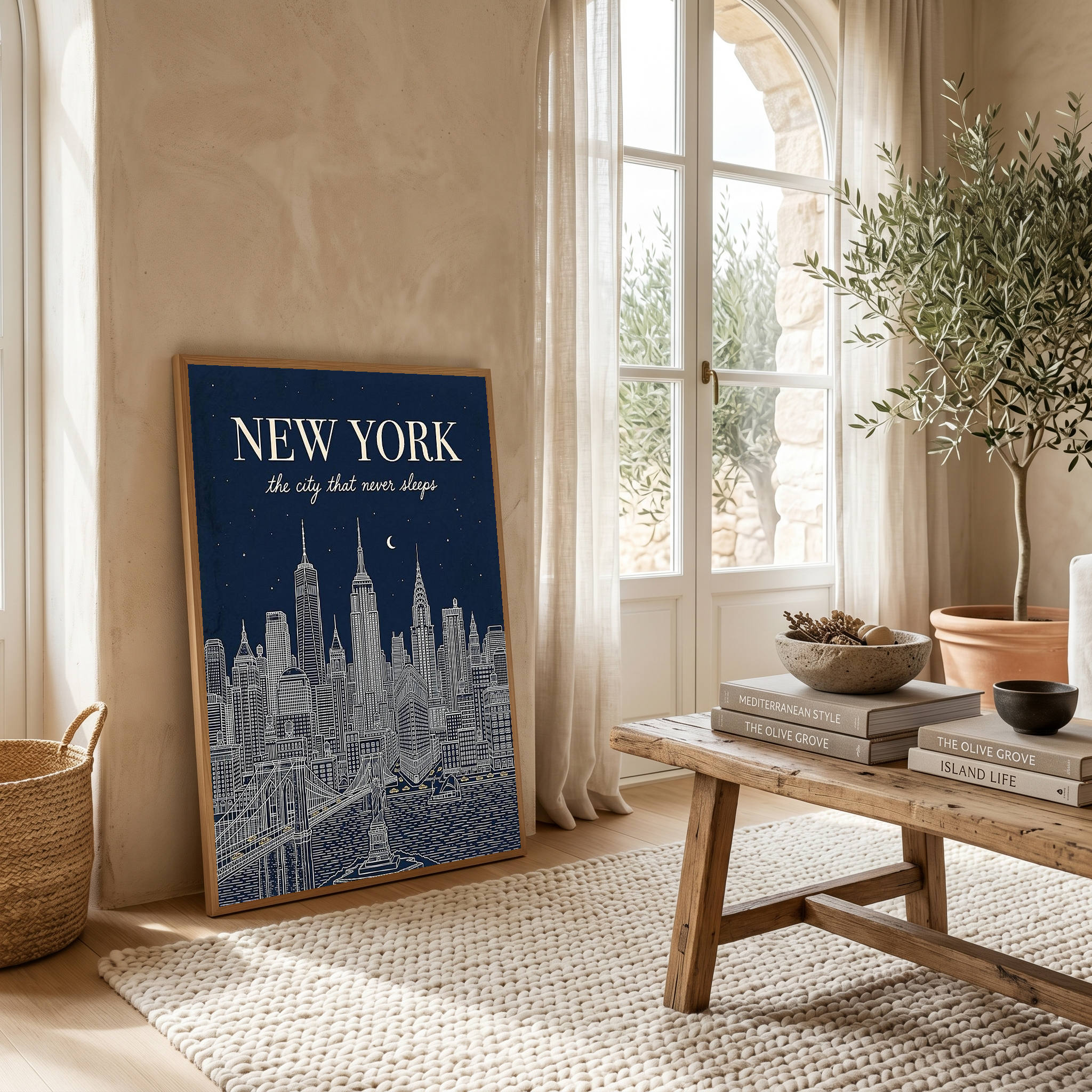 New York Line Art Print — Navy Manhattan Skyline Empire State Brooklyn Bridge Wall Art
