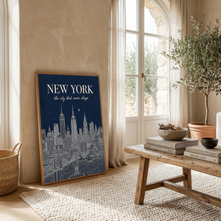 New York Line Art Print — Navy Manhattan Skyline Empire State Brooklyn Bridge Wall Art