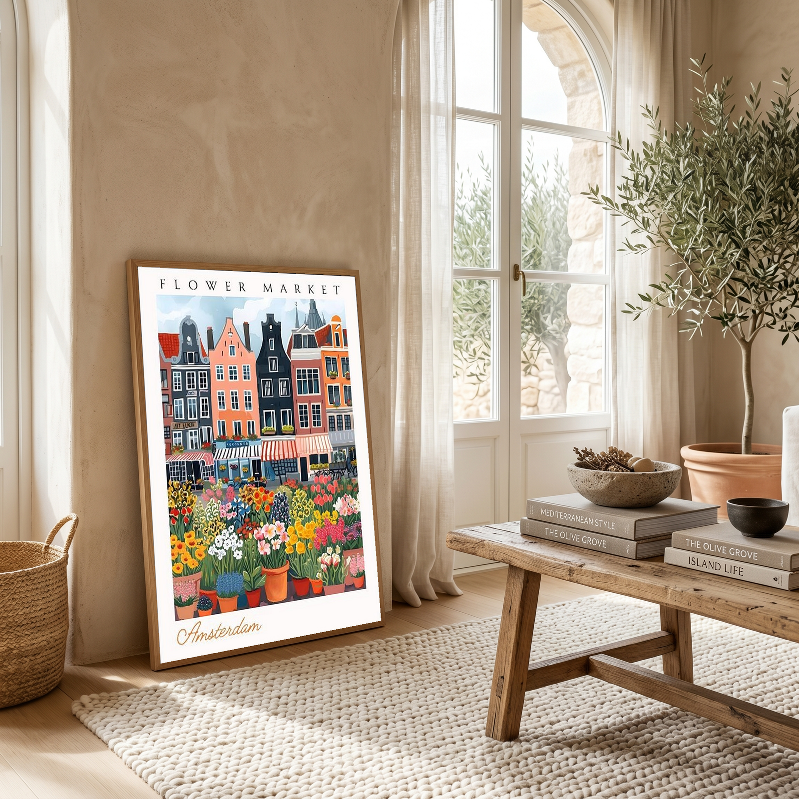 Amsterdam Flower Market Print — Canal Houses Tulip Cityscape Art