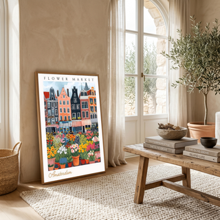Amsterdam Flower Market Print — Canal Houses Tulip Cityscape Art