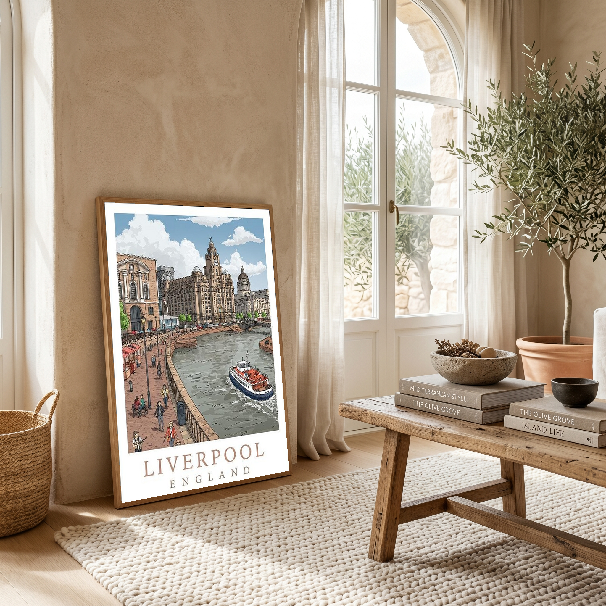 Liverpool England Travel Poster — Pier Head Liver Building Waterfront Print