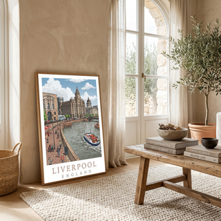 Liverpool England Travel Poster — Pier Head Liver Building Waterfront Print