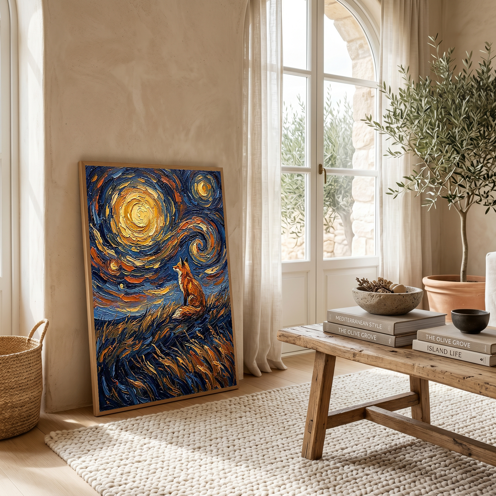 Lone Fox Starry Night Print — Van Gogh-Style Wildlife Hillside Wall Art