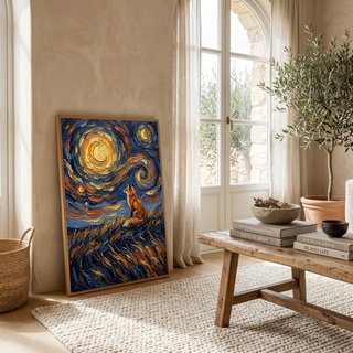 Lone Fox Starry Night Print — Van Gogh-Style Wildlife Hillside Wall Art