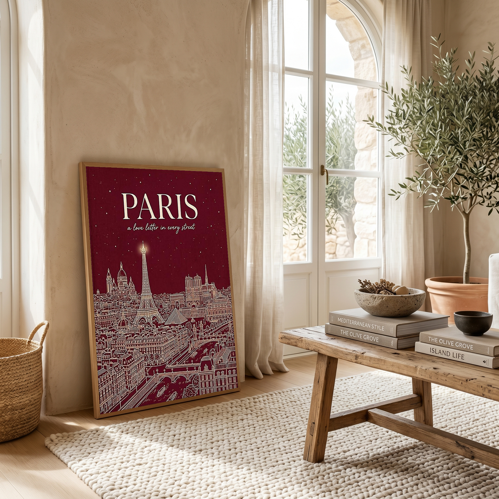 Paris Line Art Print — Burgundy Eiffel Tower Skyline Wall Art