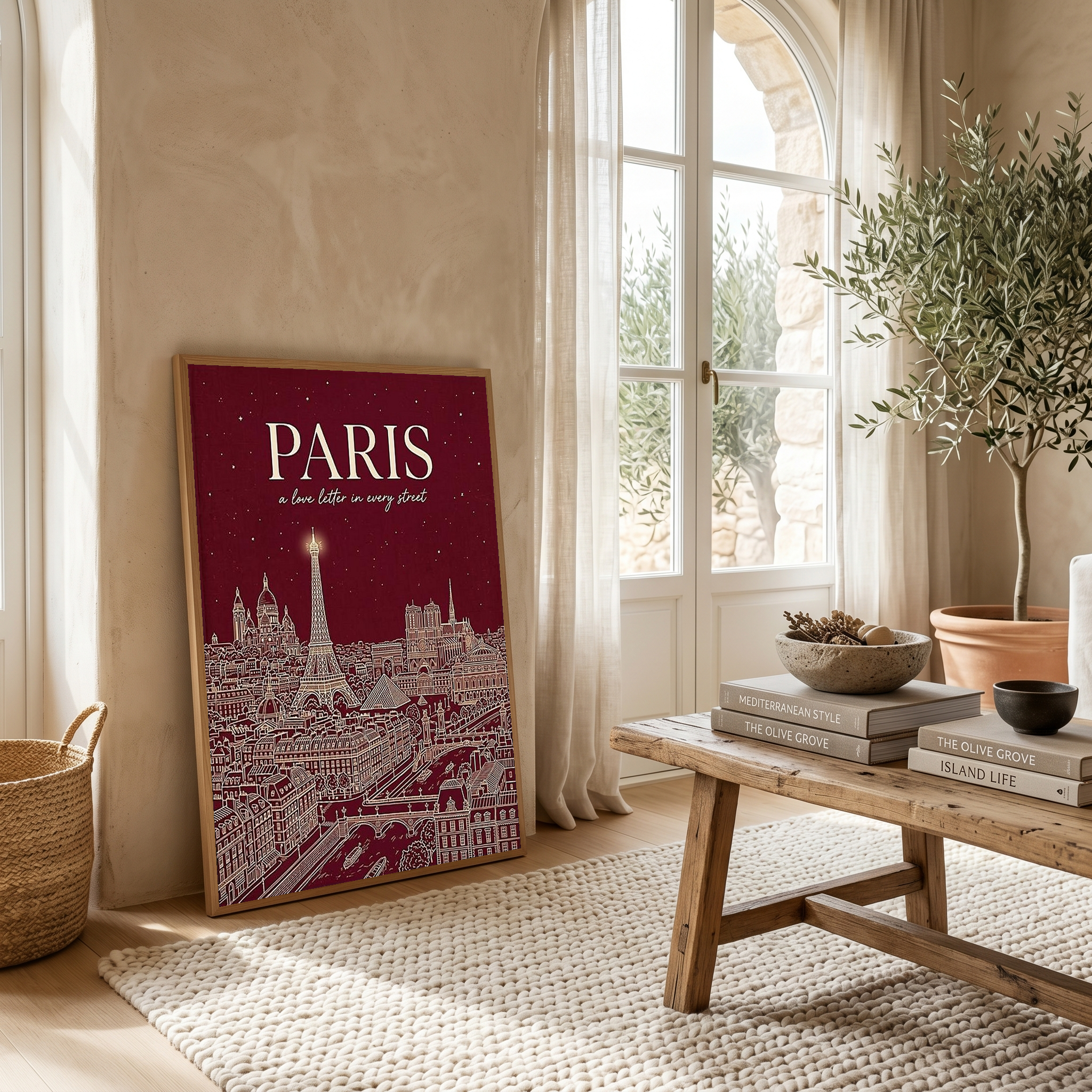 Paris Line Art Print — Burgundy Eiffel Tower Skyline Wall Art