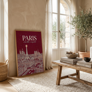 Paris Line Art Print — Burgundy Eiffel Tower Skyline Wall Art