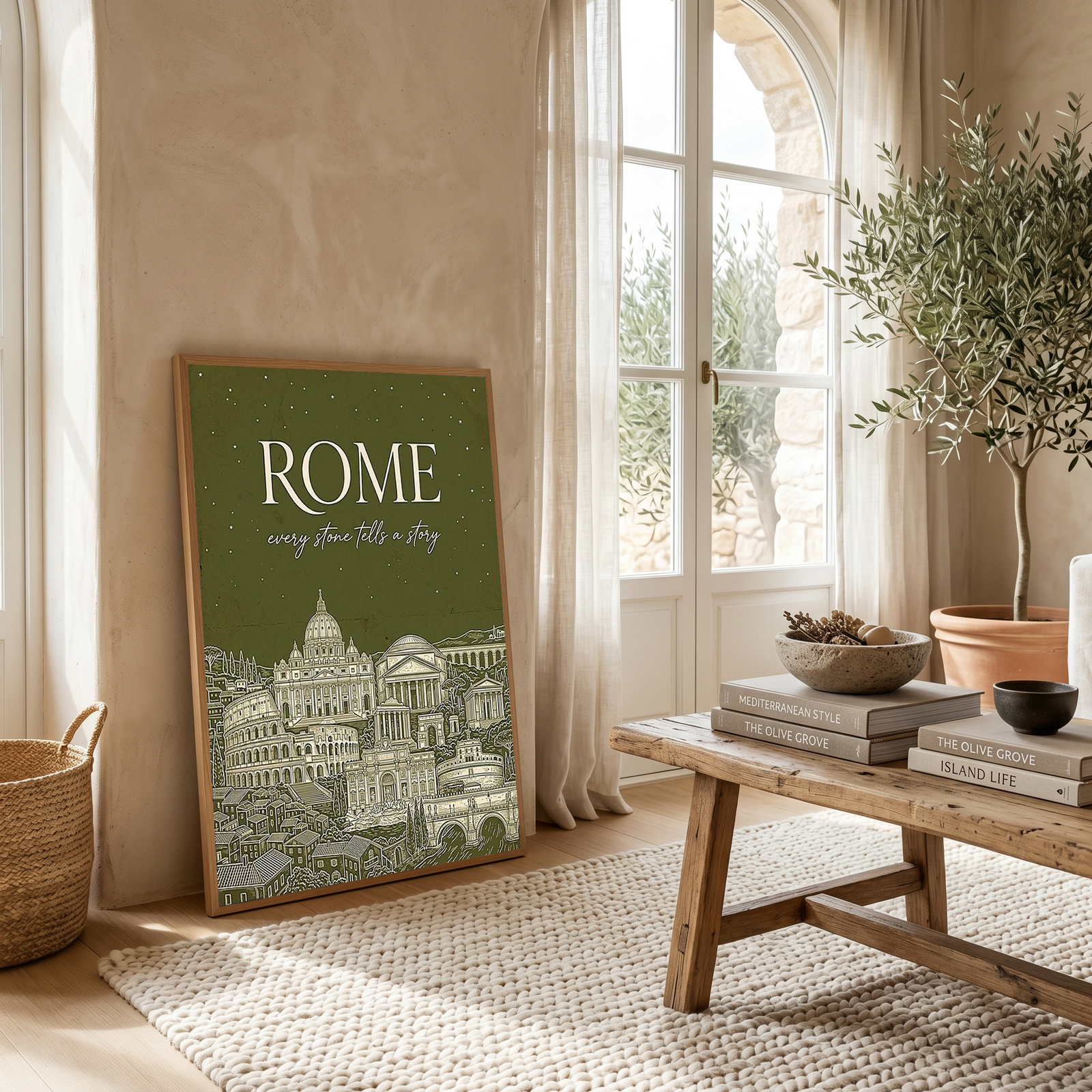 Rome Line Art Print — Olive Green Colosseum Vatican Skyline Wall Art