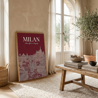 Milan Line Art Print — Wine Red Duomo Skyline Wall Art