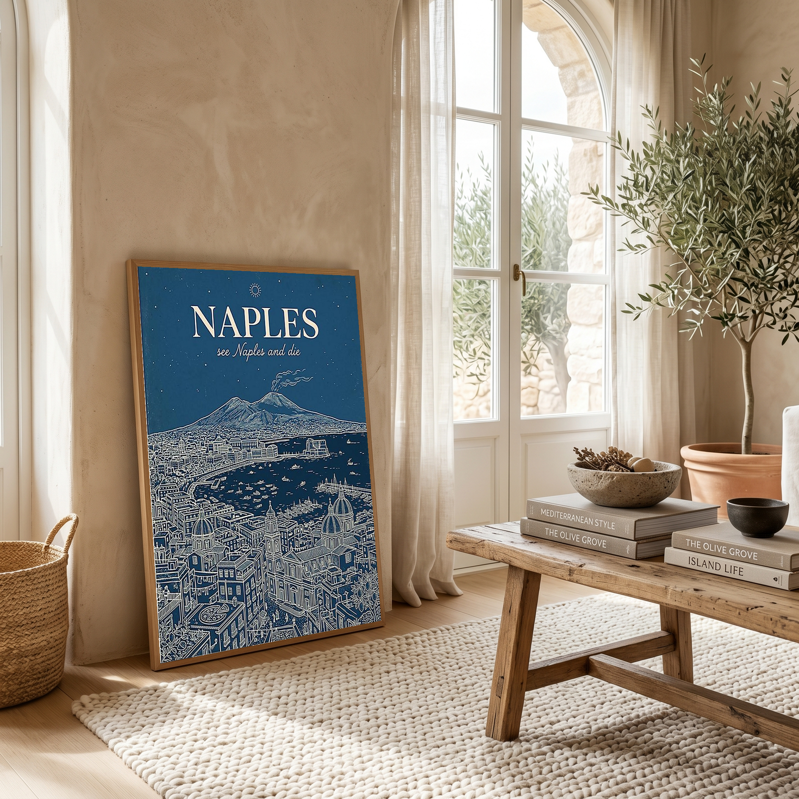 Naples Line Art Print — Navy Mount Vesuvius Bay Skyline Wall Art