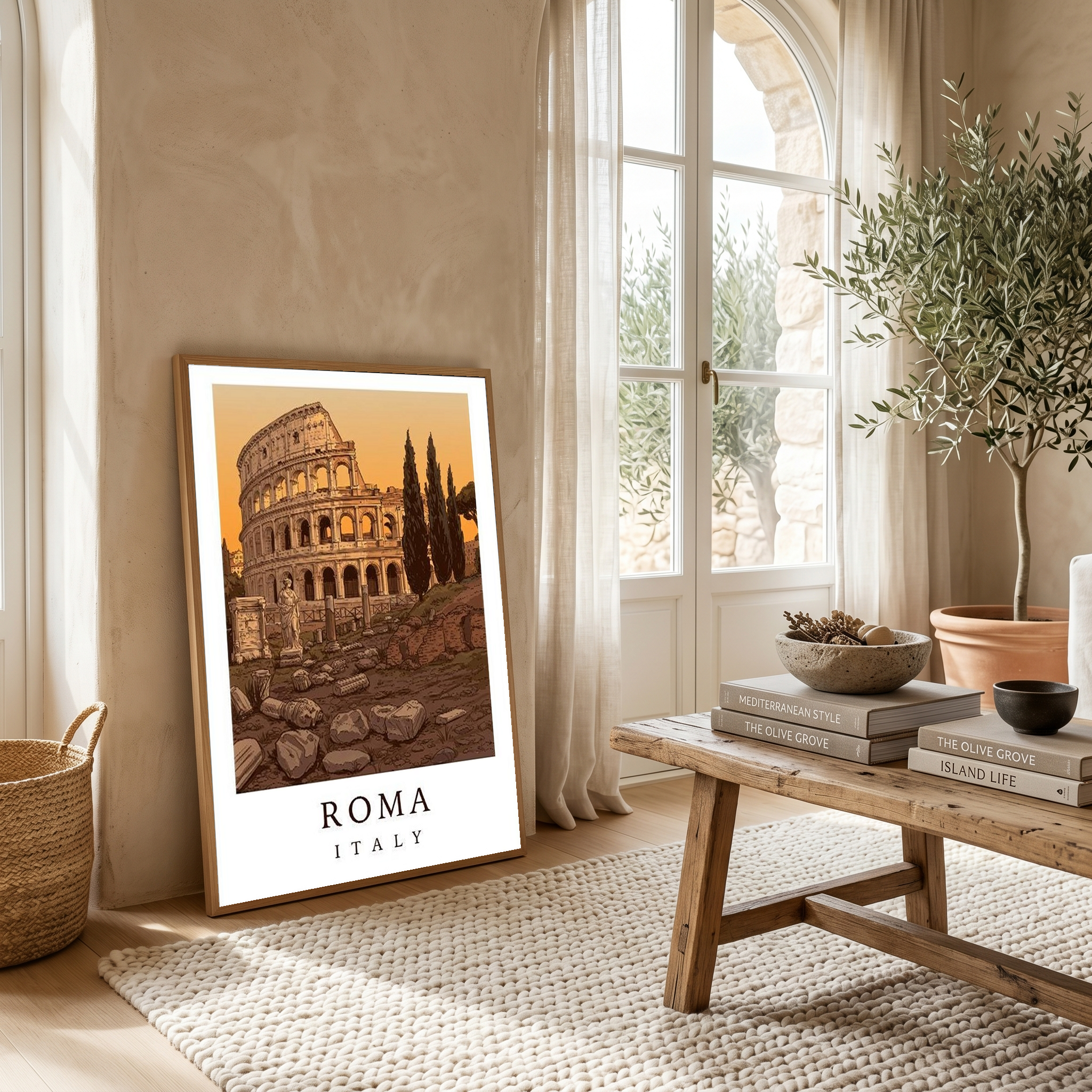 Rome Italy Travel Poster — Colosseum Ancient Ruins Cypress Print