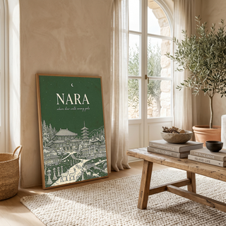 Nara Line Art Print — Forest Green Tōdai-ji Temple Pagoda Deer Wall Art