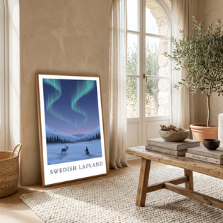 Swedish Lapland Travel Poster — Northern Lights Reindeer Sami Print
