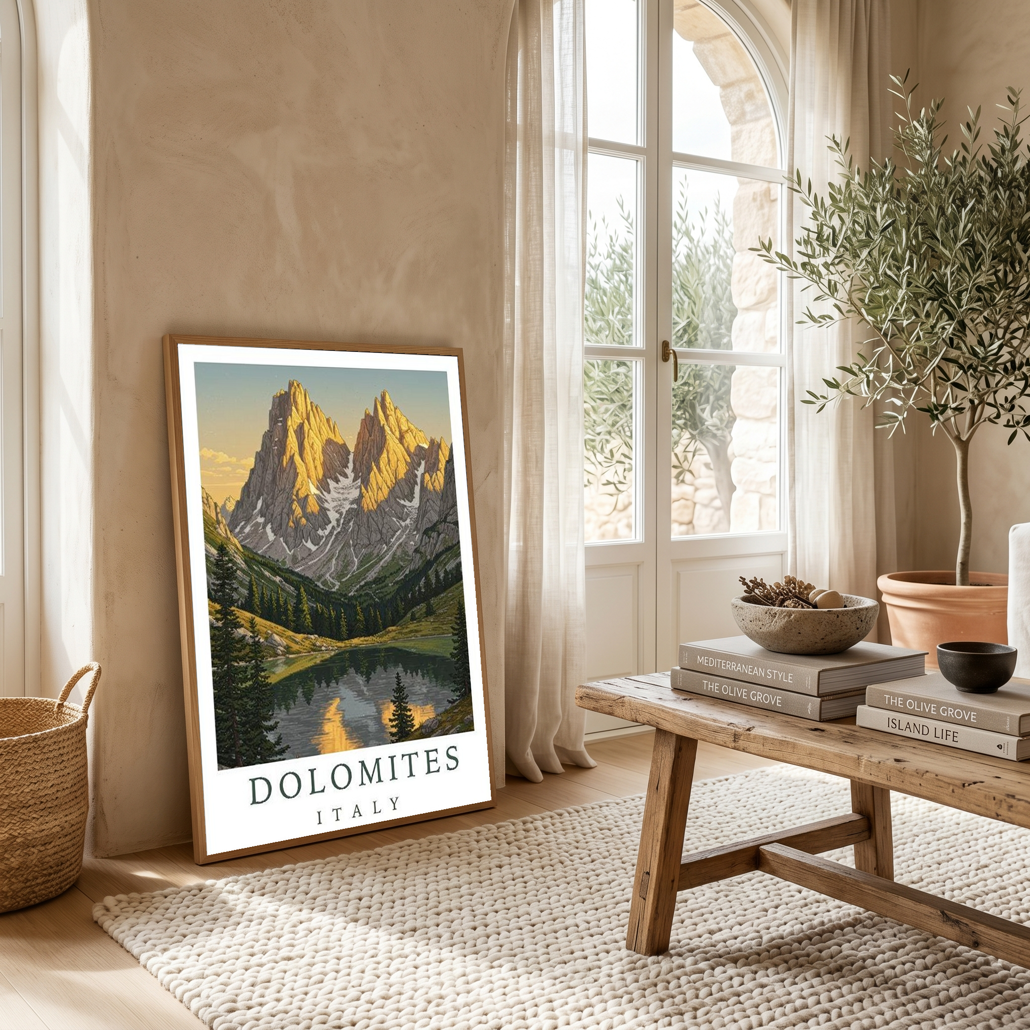 Dolomites Italy Travel Poster — Vintage Alpine Mountain Lake Print