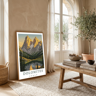 Dolomites Italy Travel Poster — Vintage Alpine Mountain Lake Print