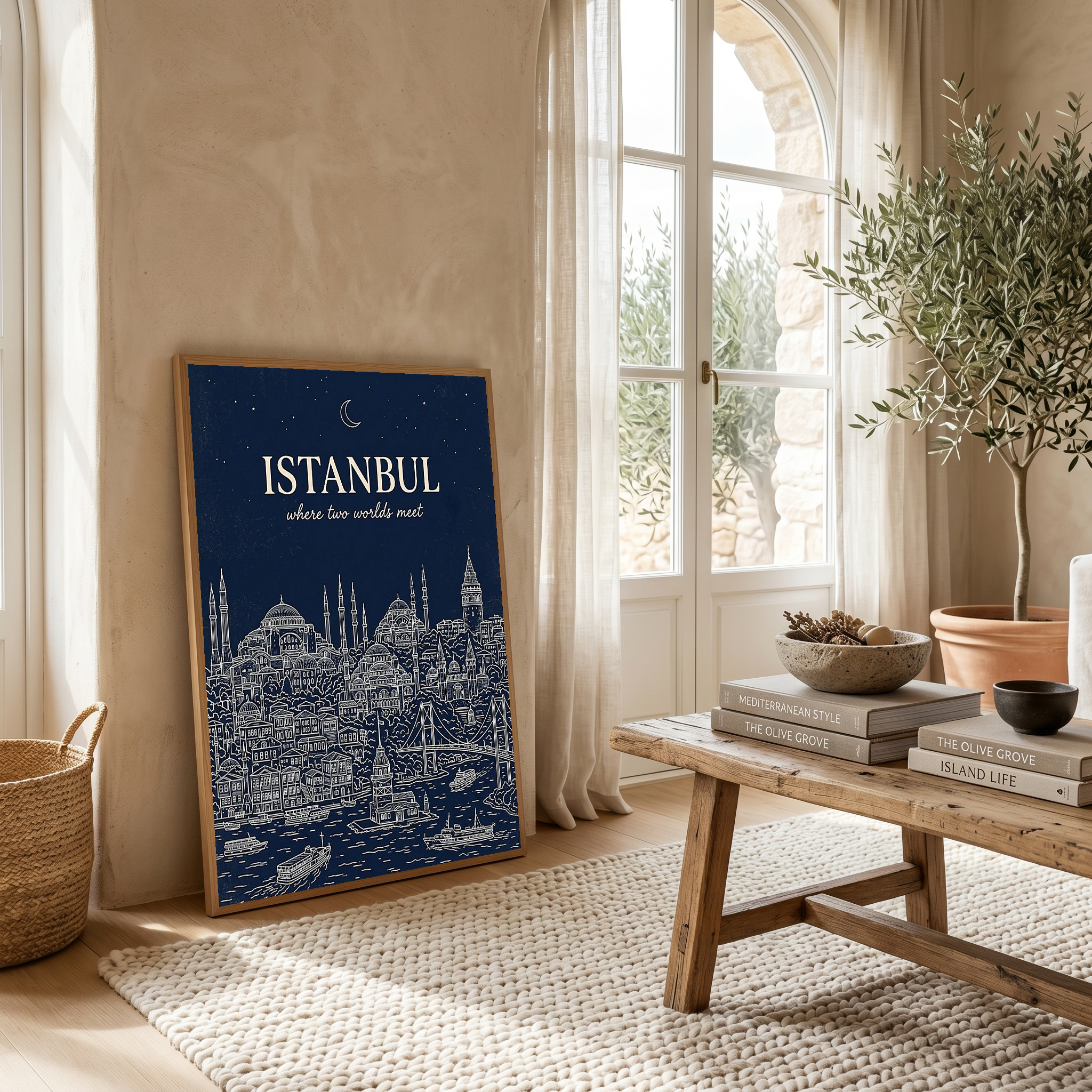 Istanbul Line Art Print — Navy Bosphorus Skyline Hagia Sophia Wall Art