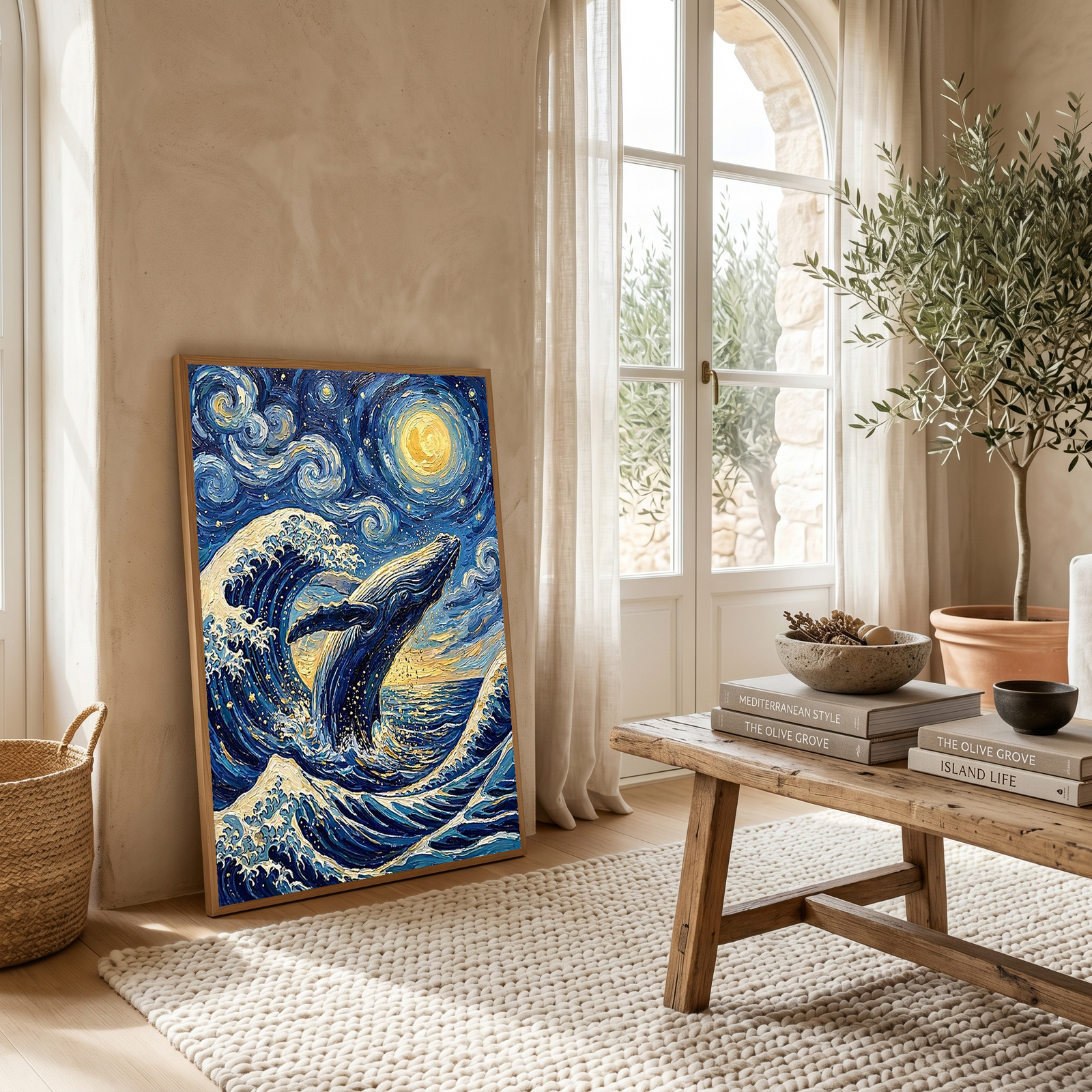 Breaching Whale Starry Night Print — Van Gogh-Style Ocean Humpback Wall Art