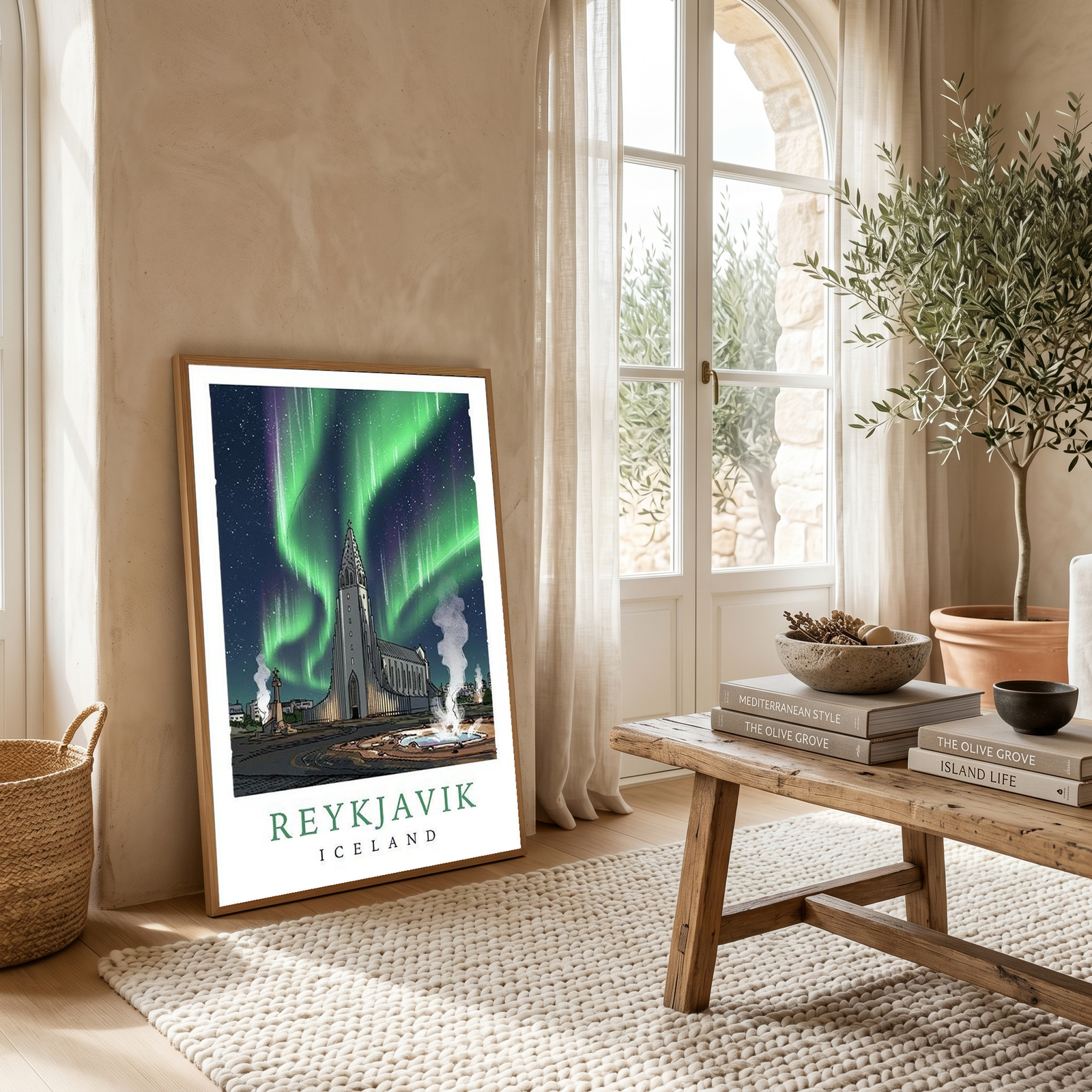 Reykjavik Iceland Travel Poster — Hallgrímskirkja Northern Lights Print