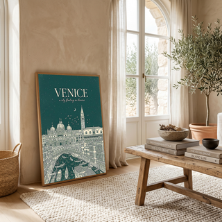 Venice Line Art Print — Forest Green St. Mark's Basilica Rialto Bridge Wall Art