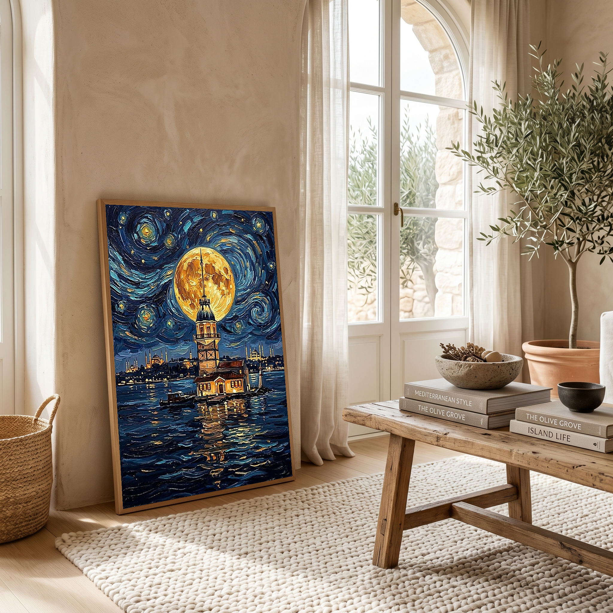 Maiden Tower Istanbul Full Moon Print — Van Gogh-Style Skyline Wall Art