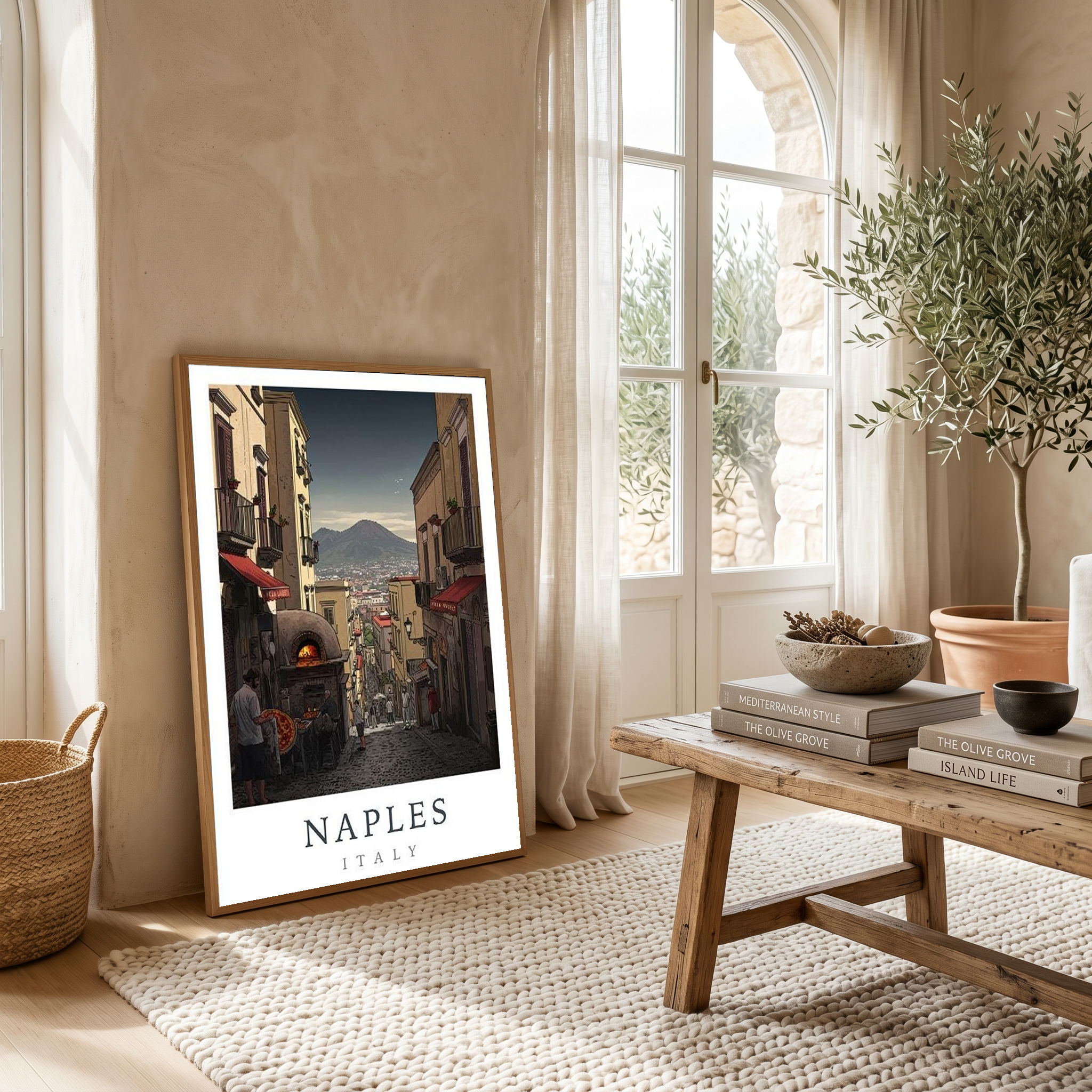 Naples Italy Travel Poster — Vesuvius Pizza Street Scene Print