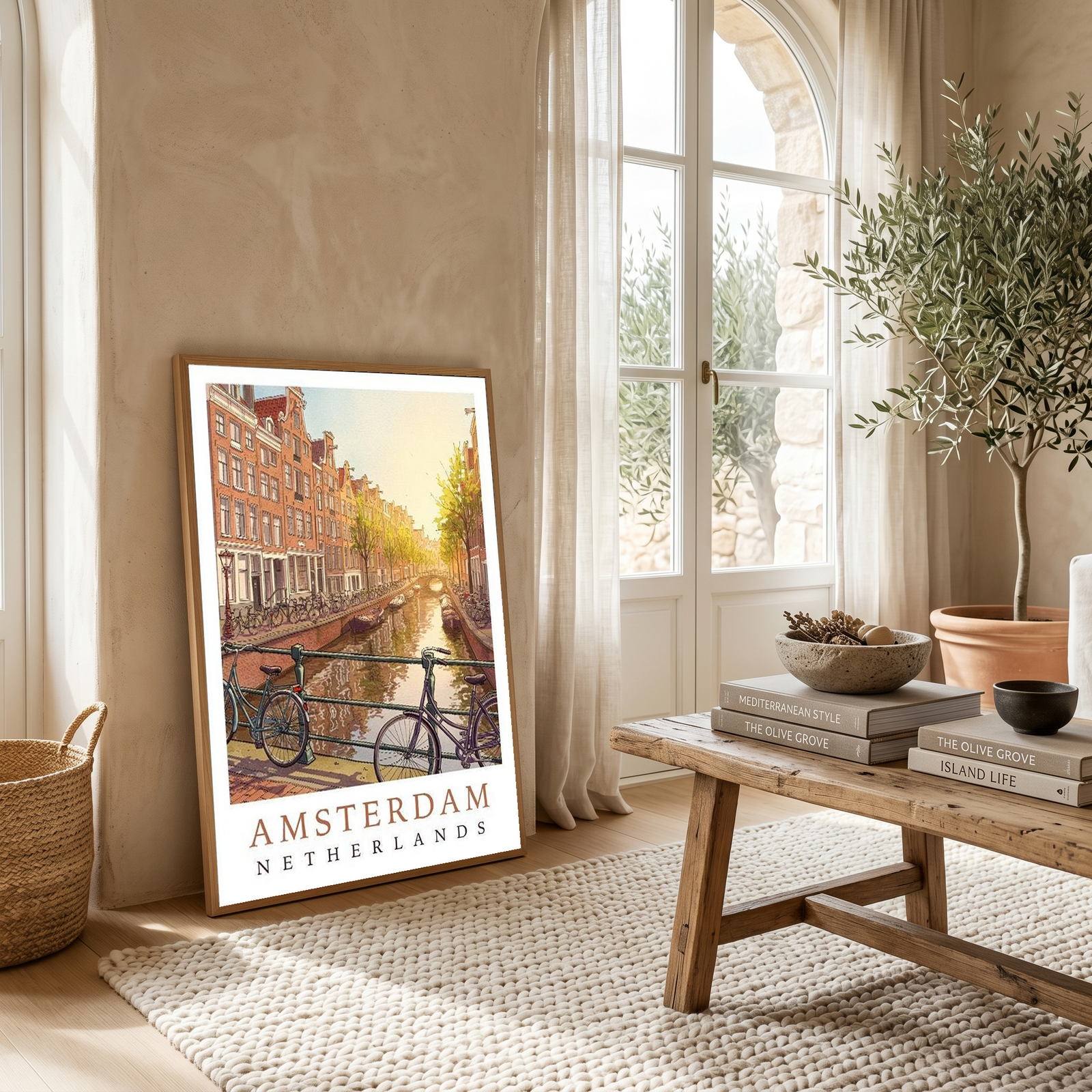 Amsterdam Netherlands Travel Poster — Canal House Bicycle Print