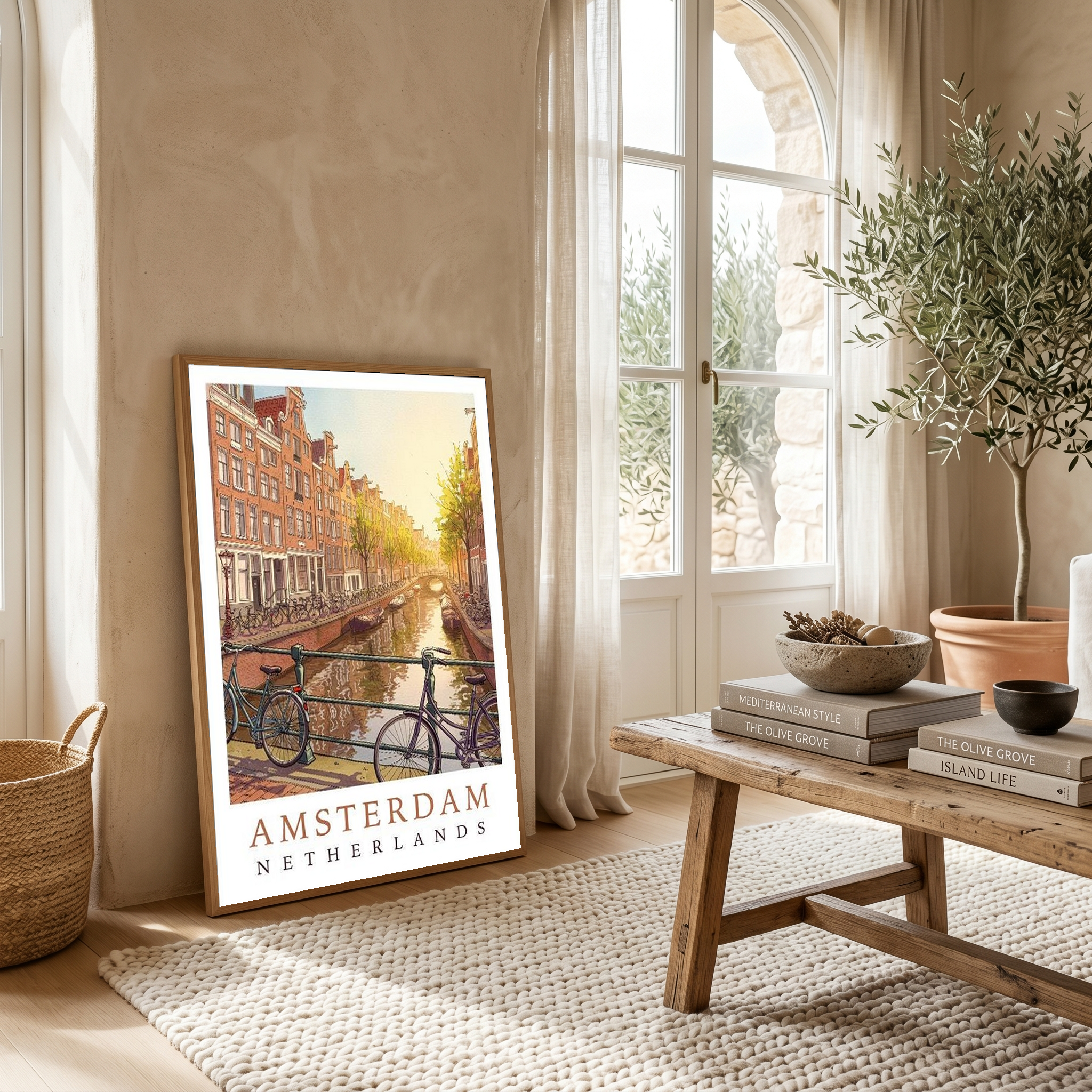 Amsterdam Netherlands Travel Poster — Canal House Bicycle Print