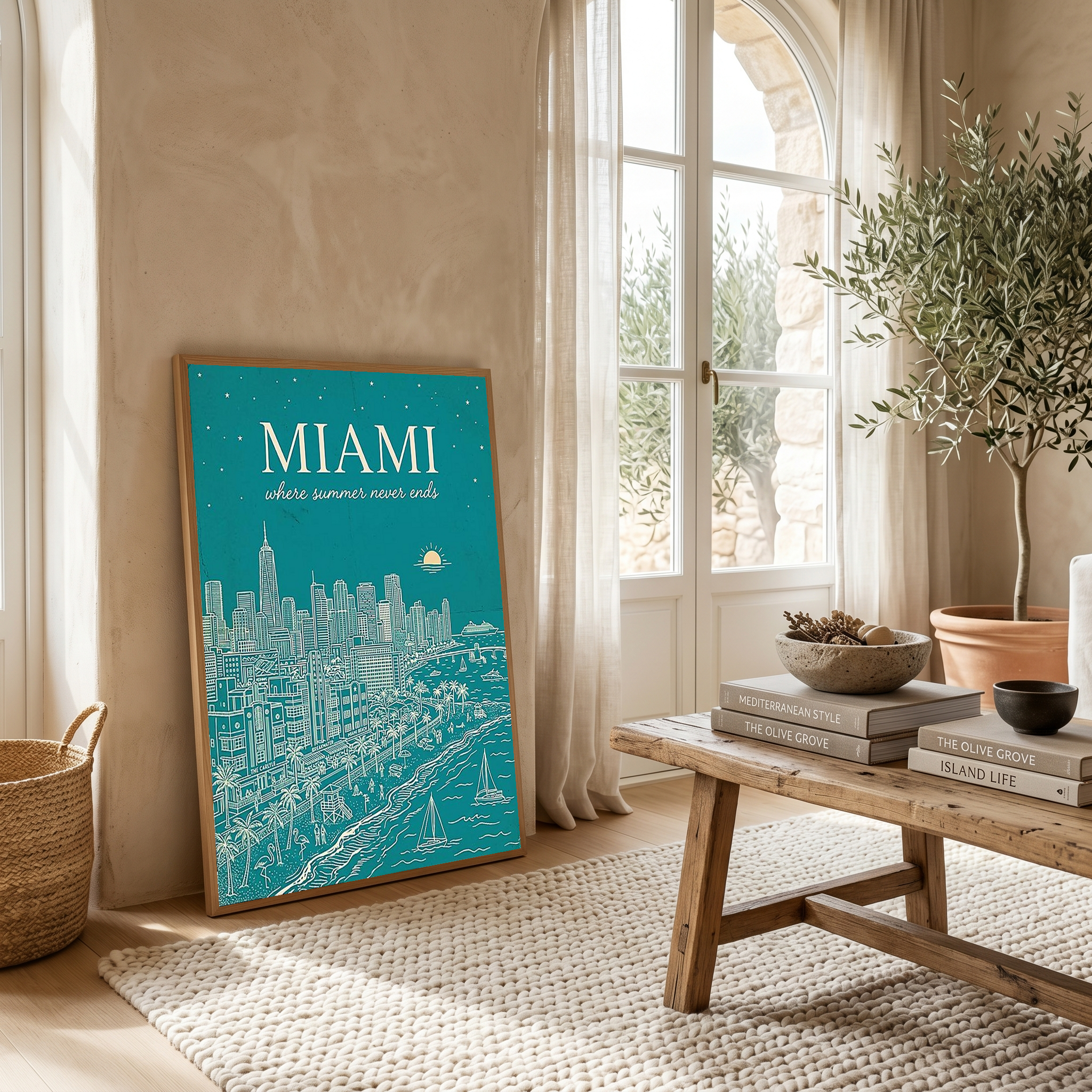 Miami Line Art Print — Teal South Beach Skyline Art Deco Wall Art
