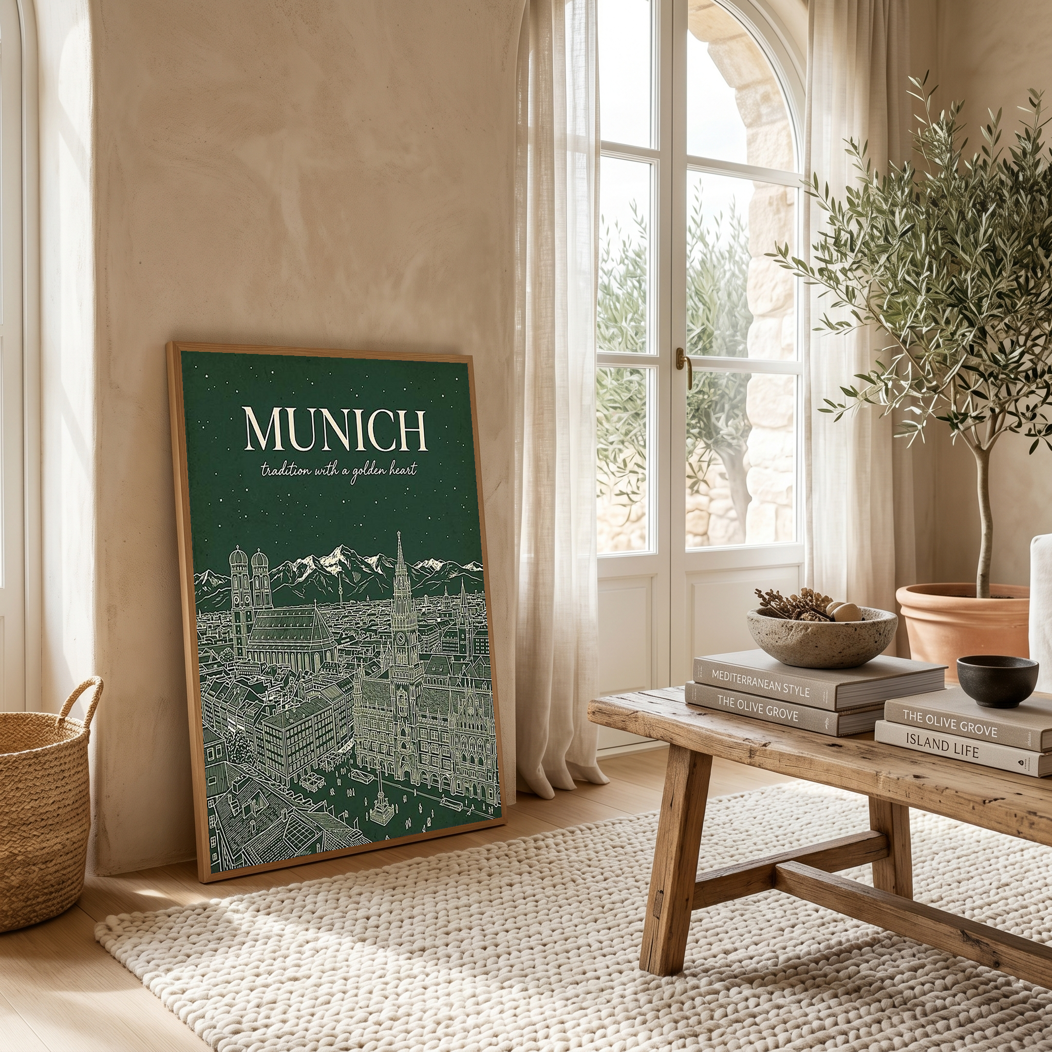 Munich Line Art Print — Forest Green Frauenkirche Marienplatz Skyline Wall Art