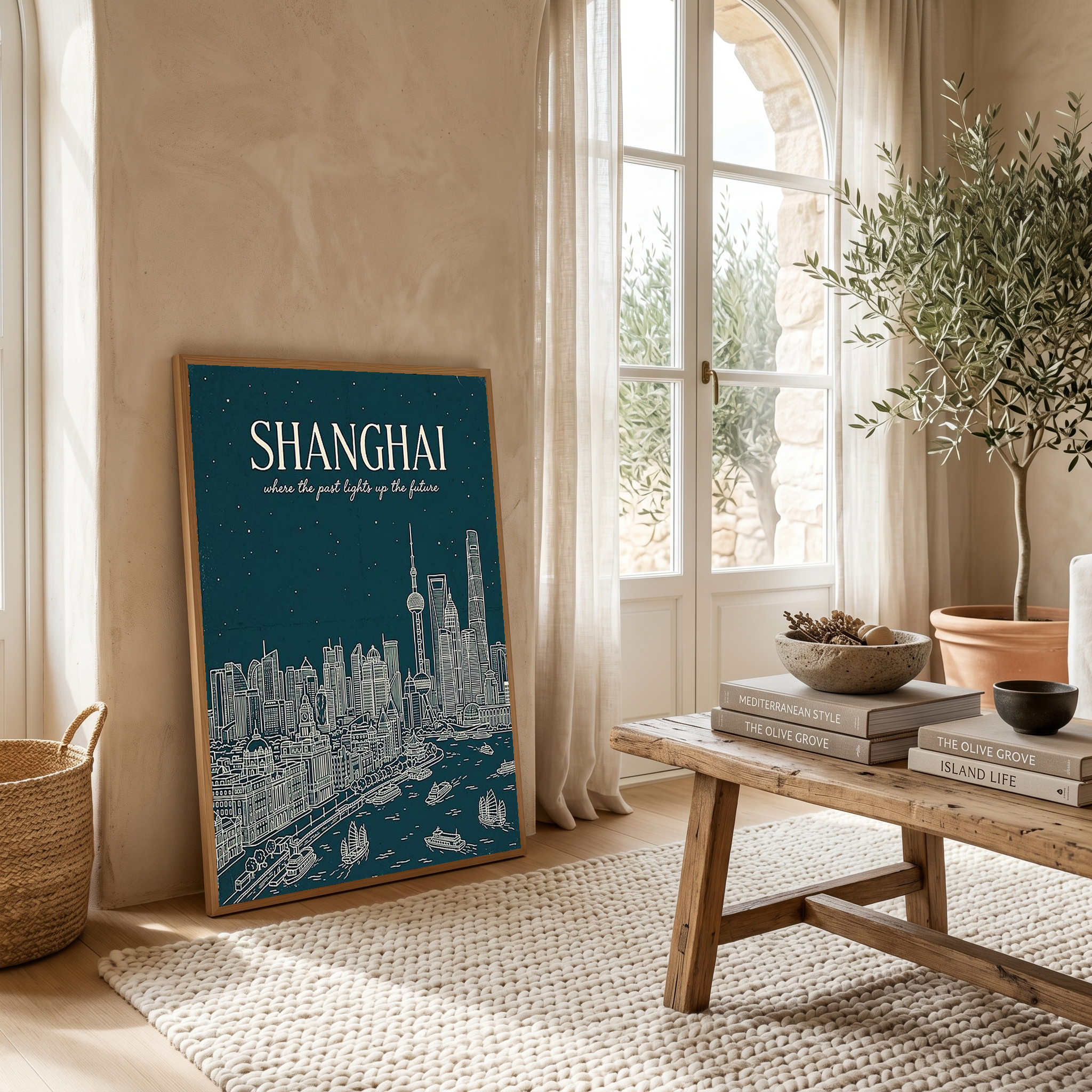 Shanghai Line Art Print — Teal Oriental Pearl Tower The Bund Skyline Wall Art
