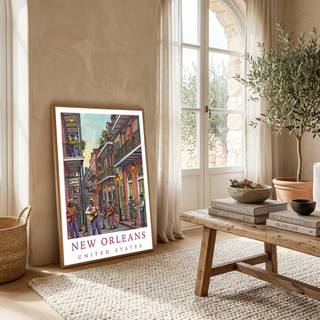 New Orleans Travel Poster — French Quarter Jazz Buskers Street Print