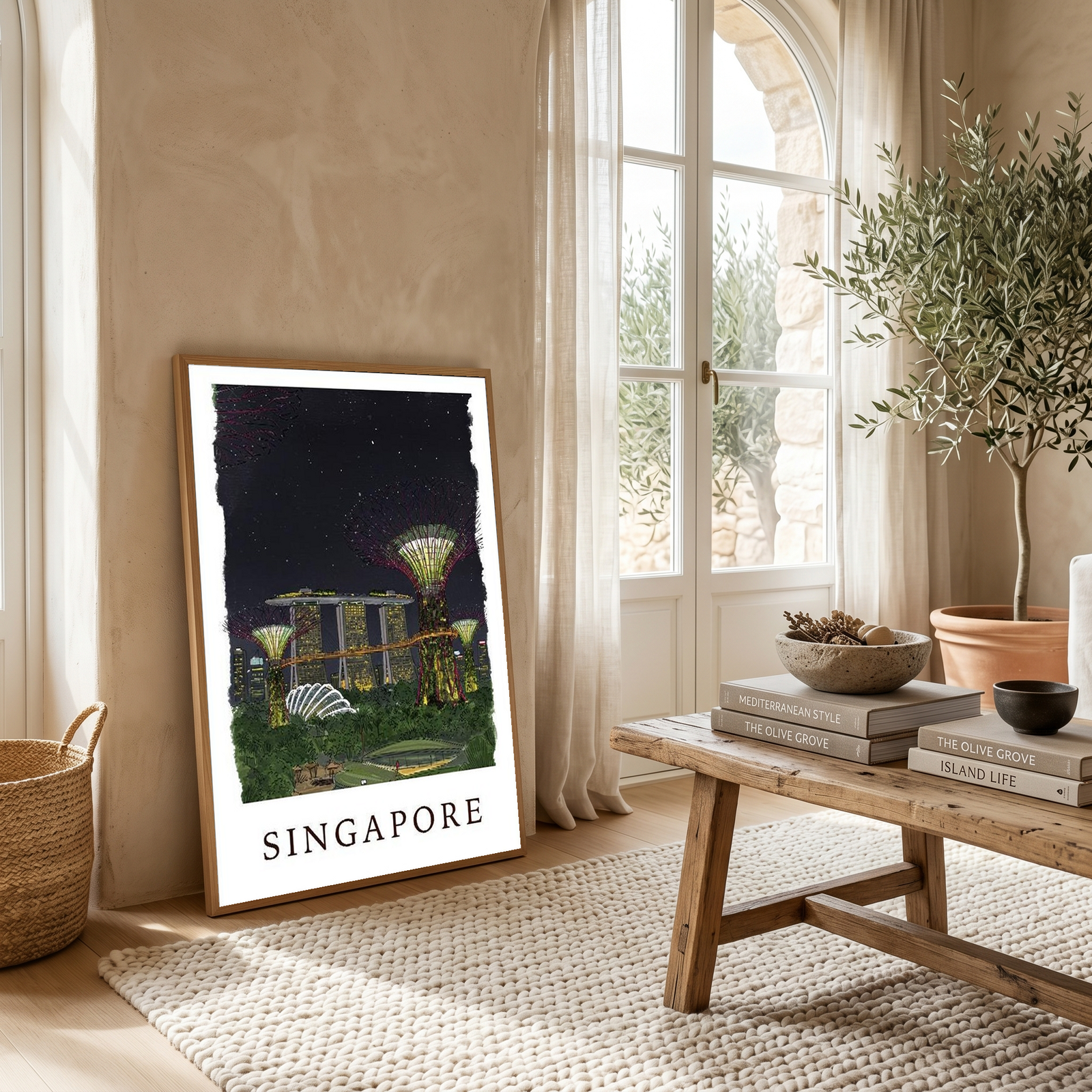 Singapore Travel Poster — Gardens by the Bay Marina Night Print