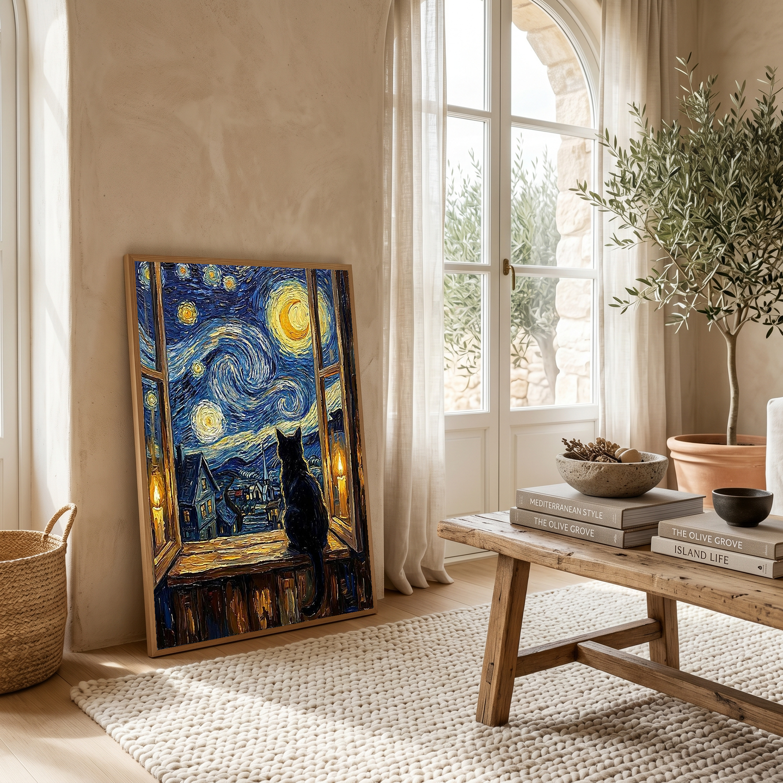 Black Cat Window Print — Van Gogh Starry Night Cozy Cottage Wall Art