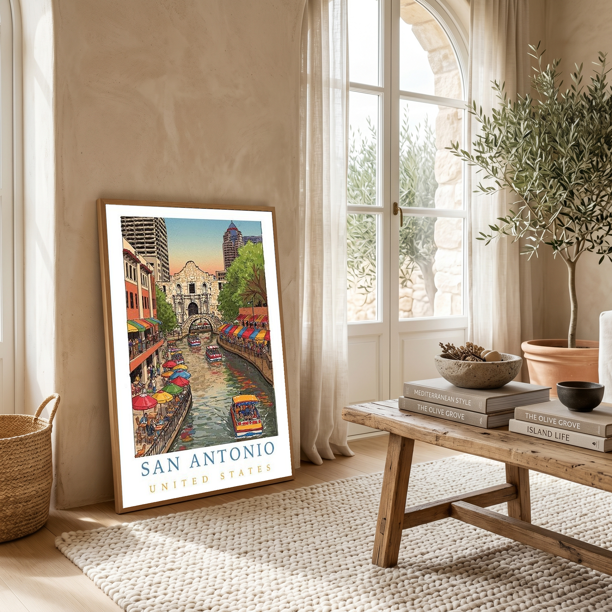 San Antonio Texas Travel Poster — Riverwalk Alamo Cityscape Print