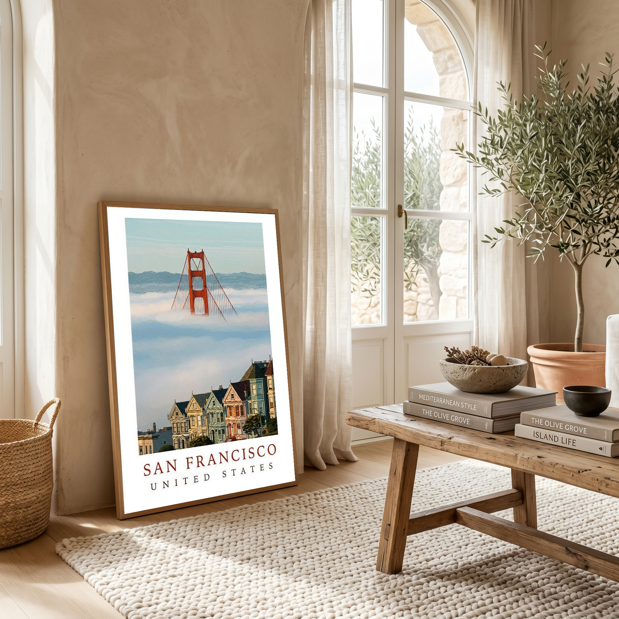 San Francisco Travel Poster — Golden Gate Bridge Painted Ladies Print
