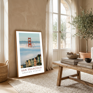 San Francisco Travel Poster — Golden Gate Bridge Painted Ladies Print
