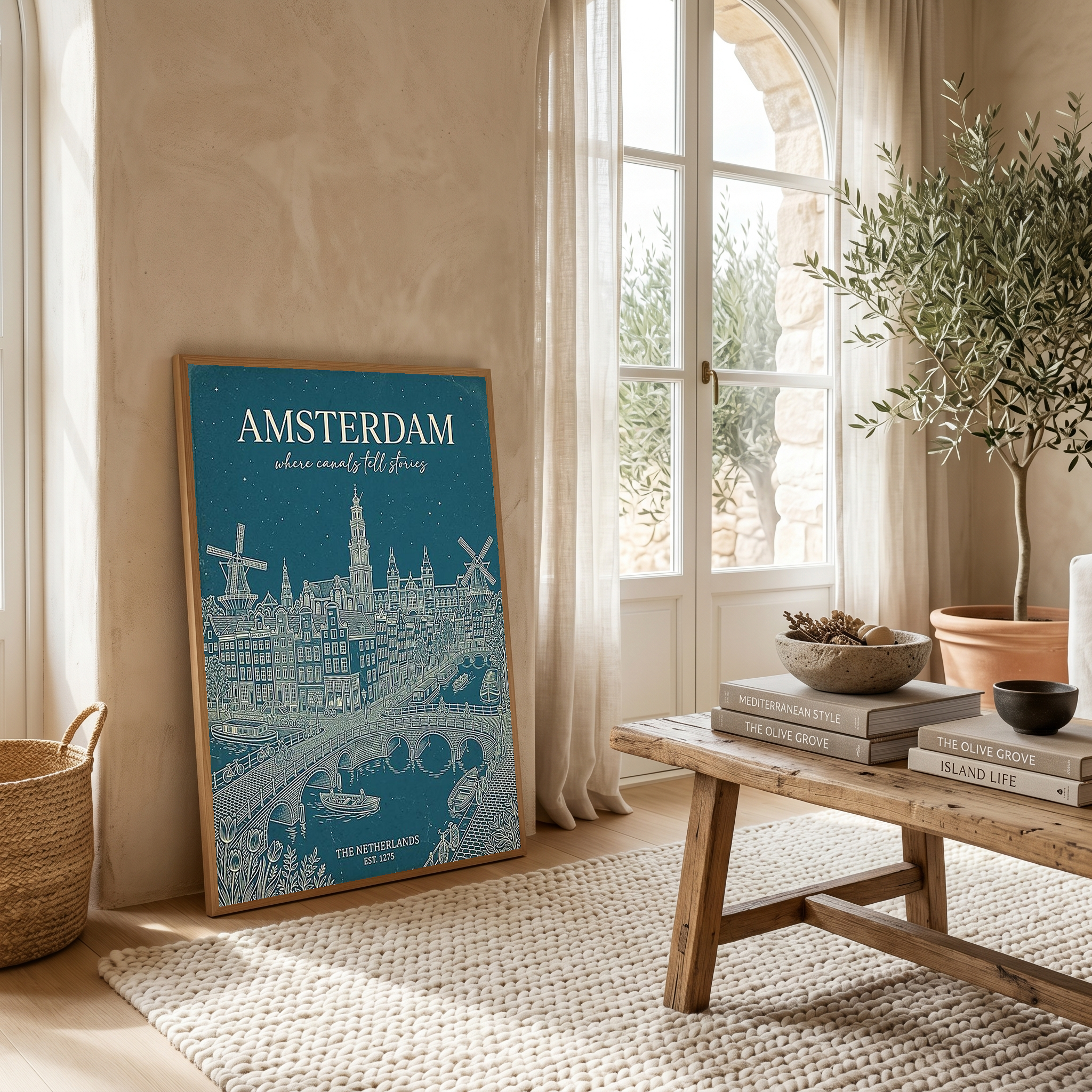 Amsterdam Line Art Print — Teal Canal Windmill Skyline Wall Art