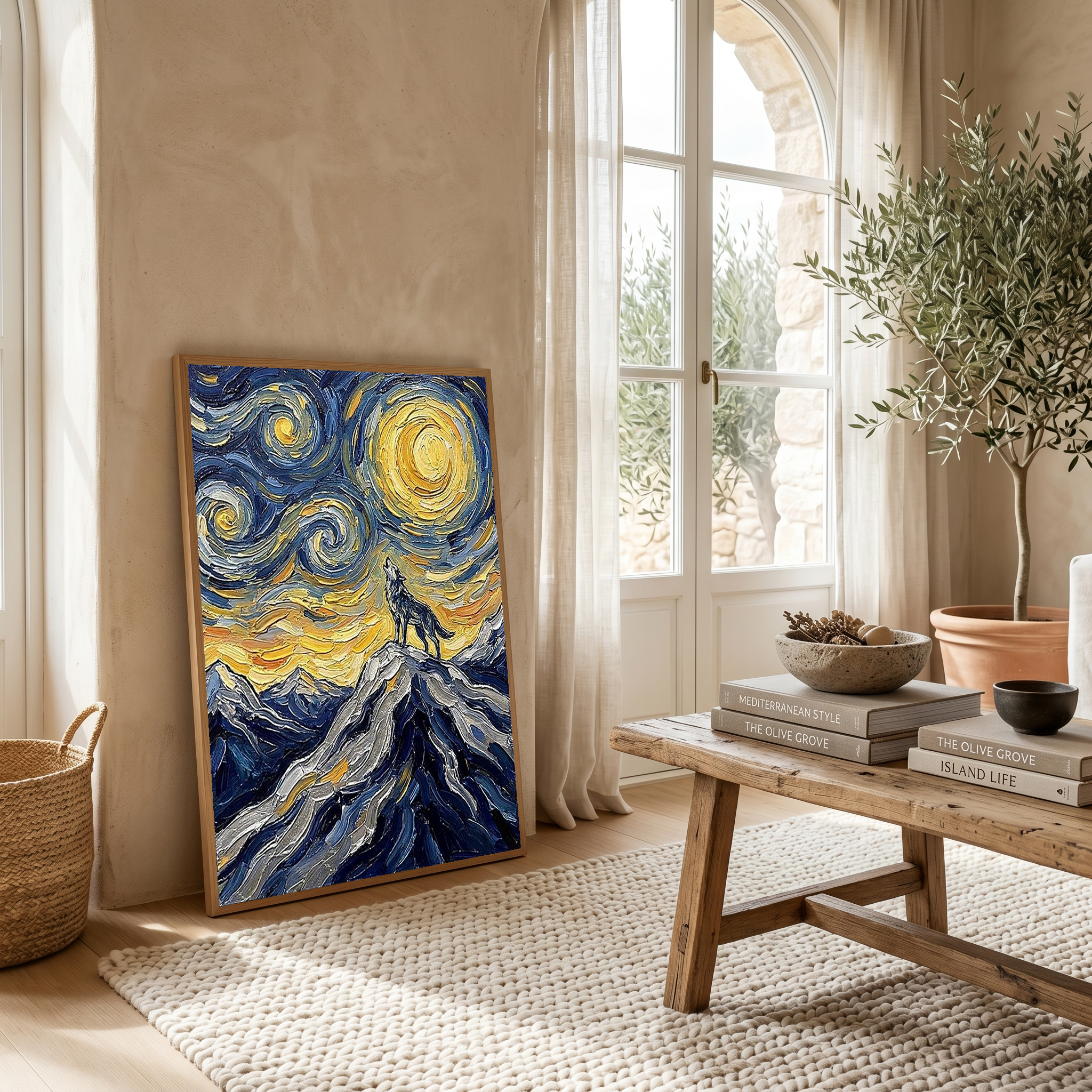 Lone Wolf Howling Mountain Peak Print — Van Gogh Starry Night Wall Art