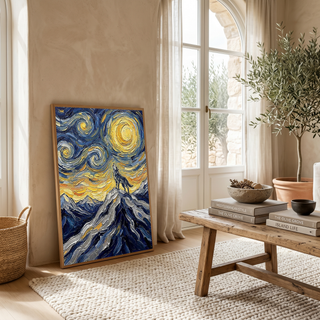 Lone Wolf Howling Mountain Peak Print — Van Gogh Starry Night Wall Art