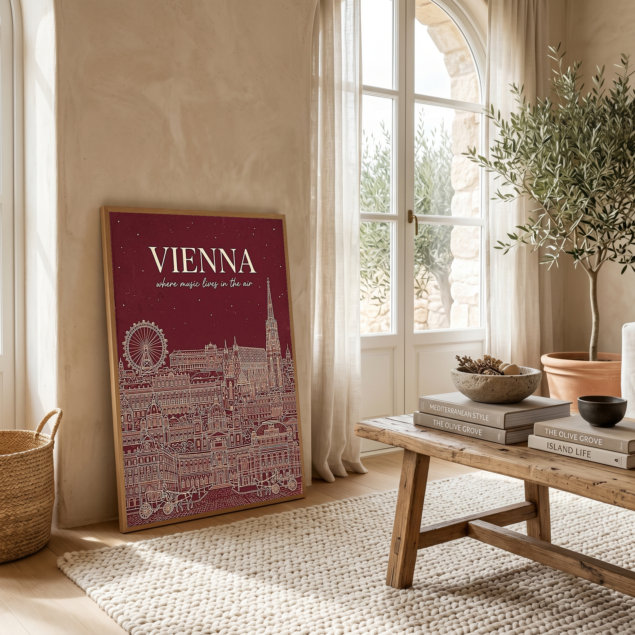 Vienna Line Art Print — Cherry Red St. Stephen's Cathedral Skyline Wall Art