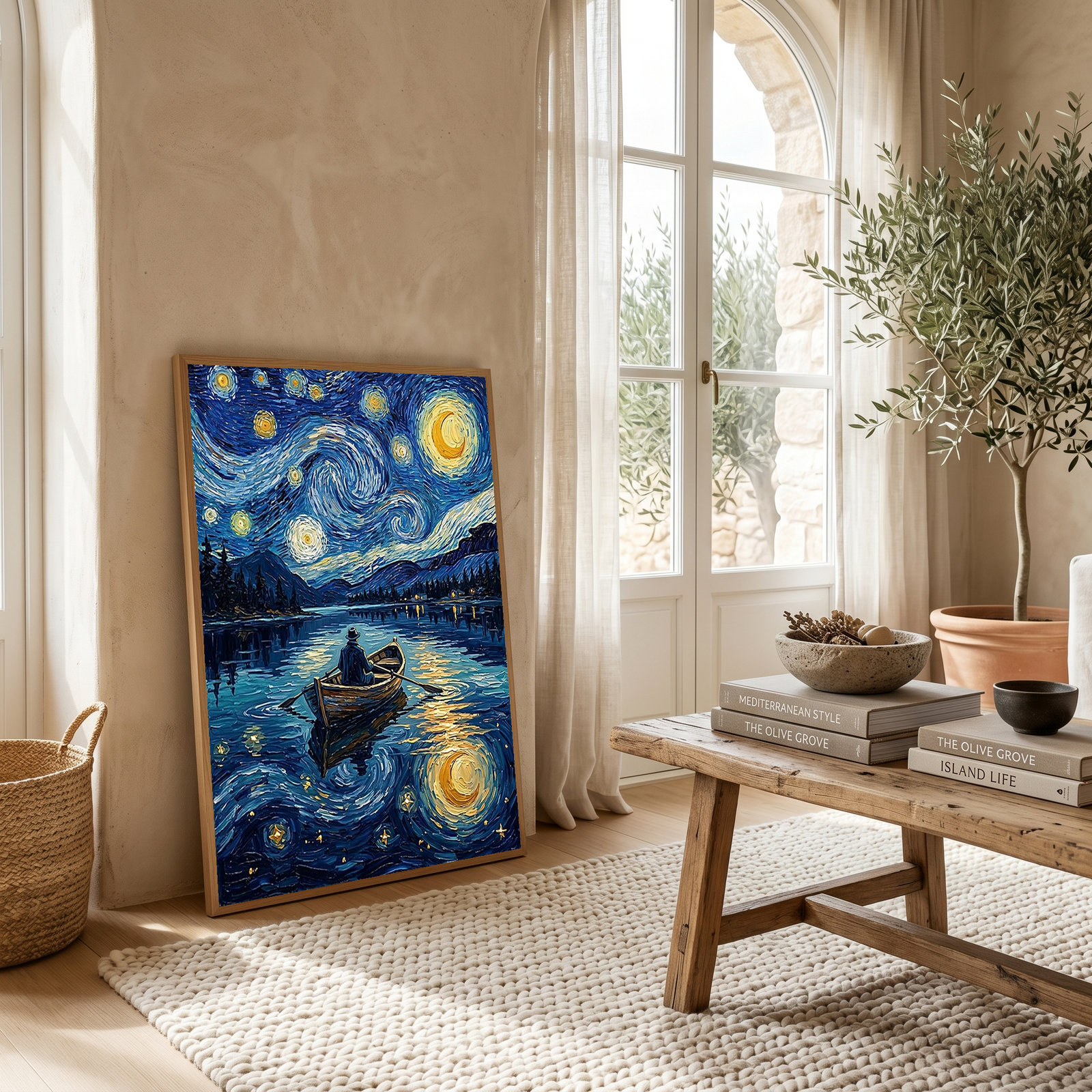 Moonlit Lake Rowboat Print — Van Gogh-Style Night Fishing Cabin Wall Art