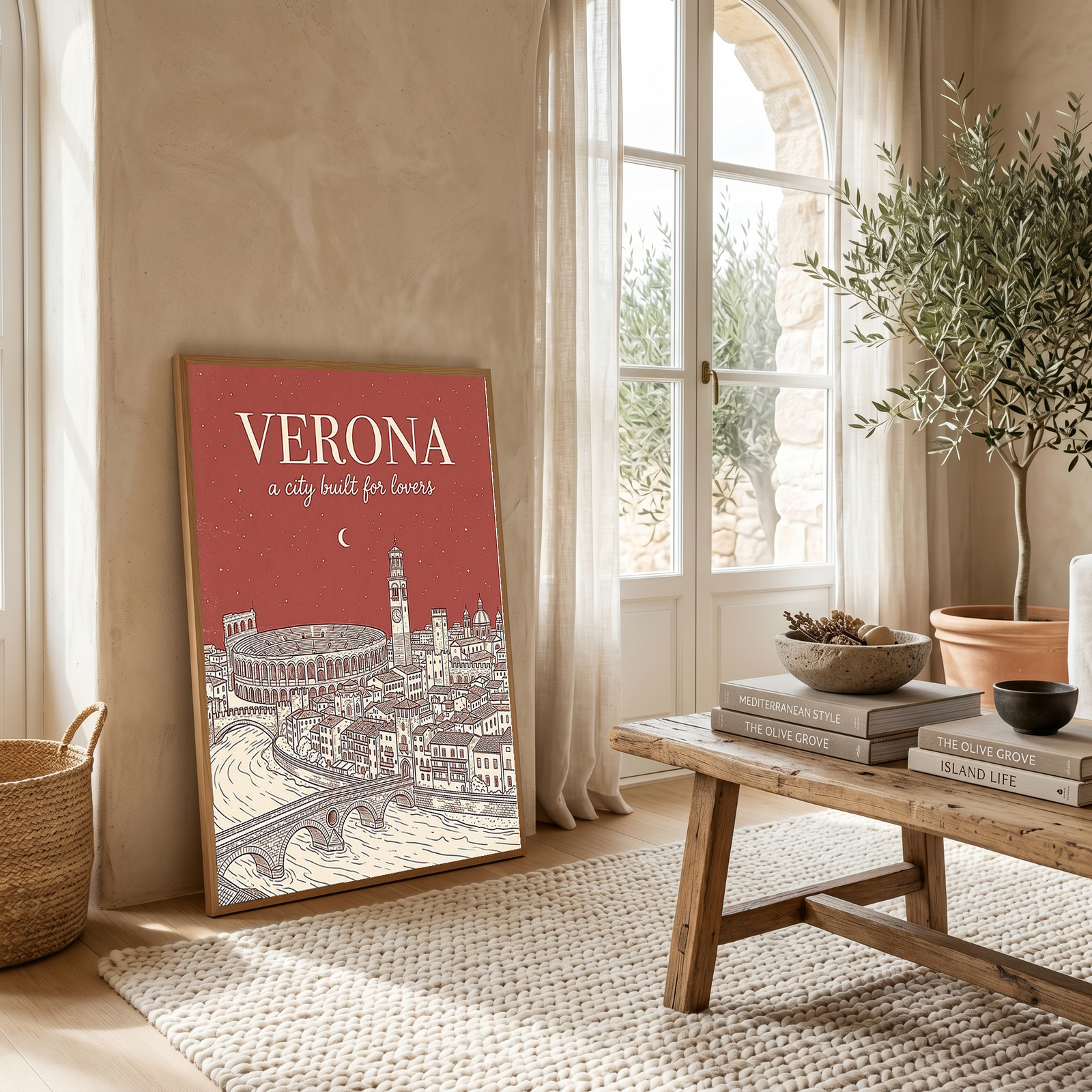 Verona Line Art Print — Rust Arena Ponte Pietra Skyline Wall Art