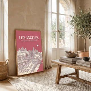 Los Angeles Line Art Print — Pink Hollywood Sign Downtown Skyline Wall Art