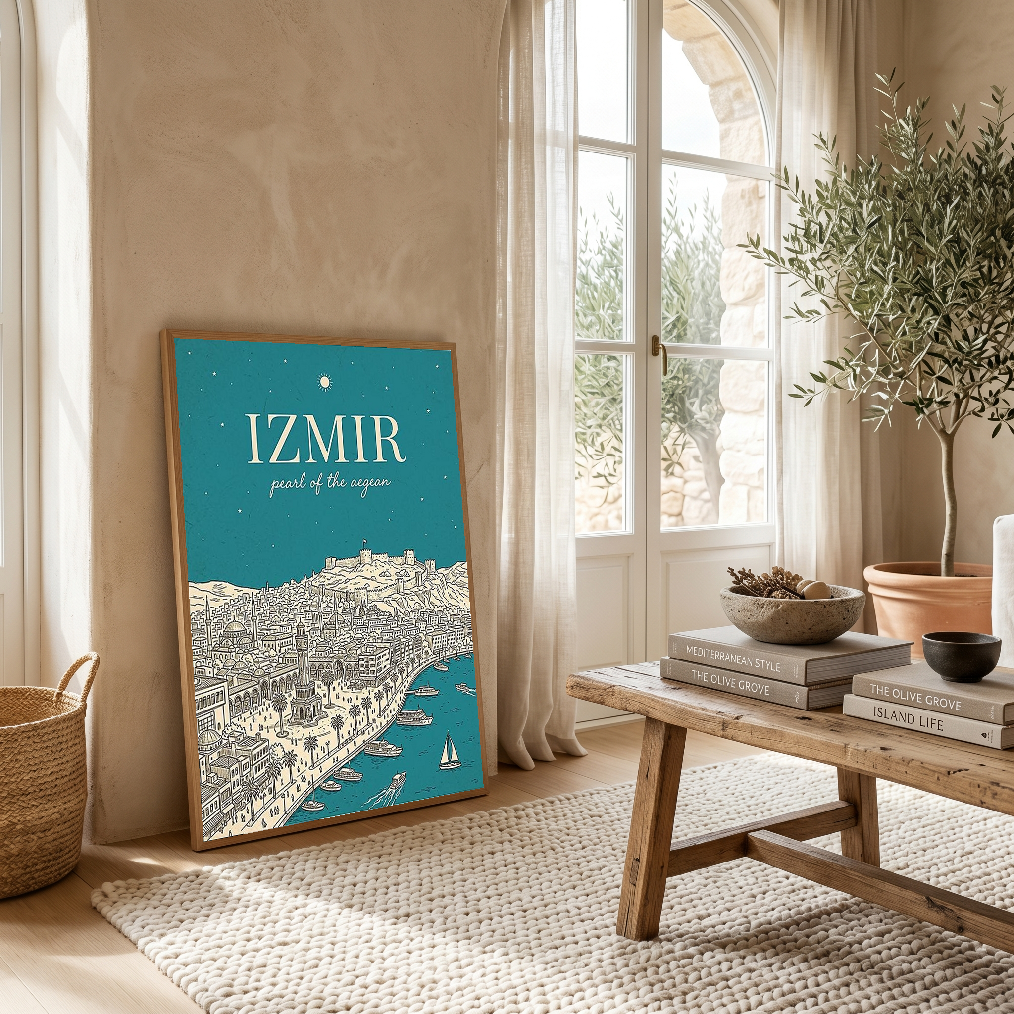 İzmir Line Art Print — Teal Clock Tower Kadifekale Aegean Coast Wall Art