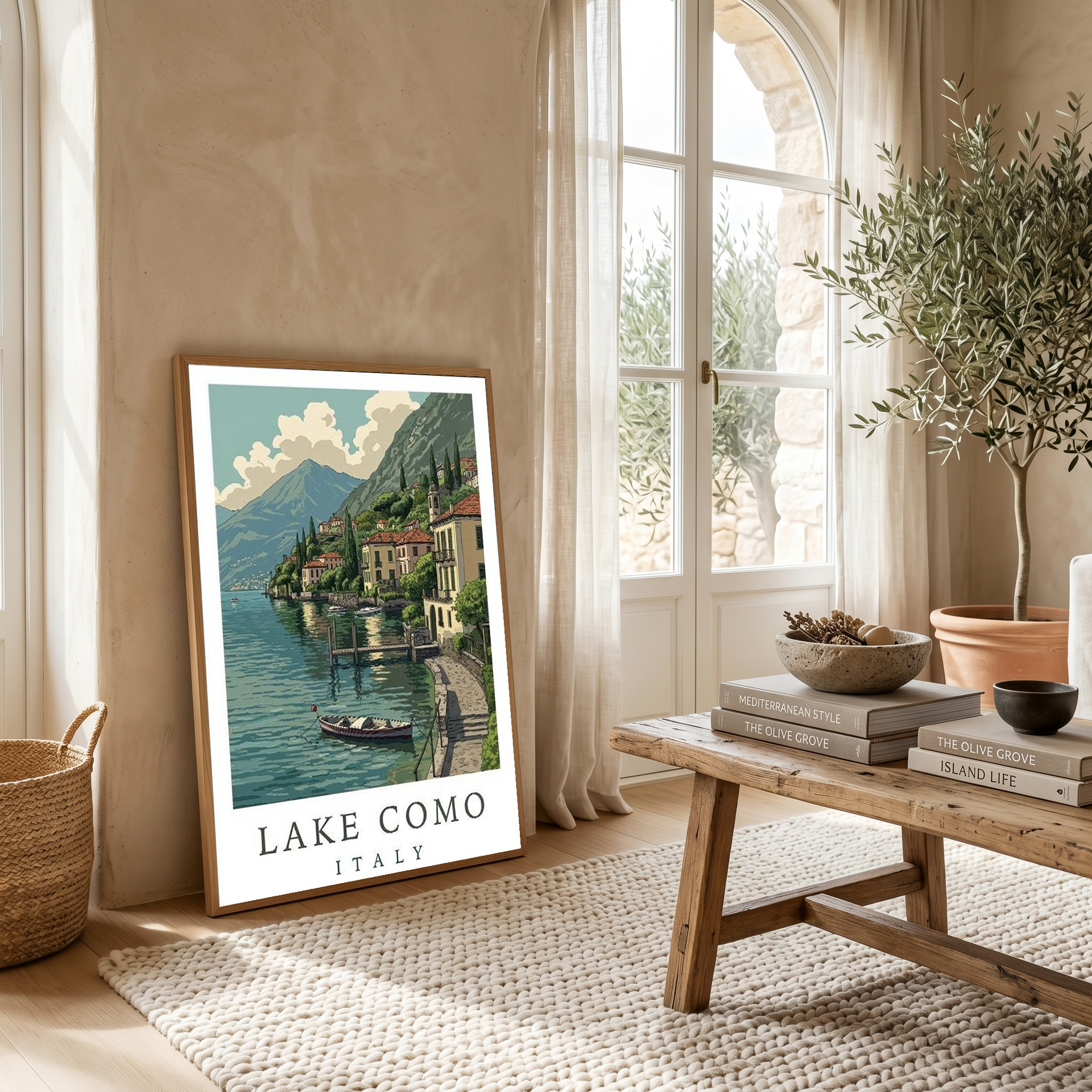Lake Como Italy Travel Poster — Lakeside Village Boat Landscape Print