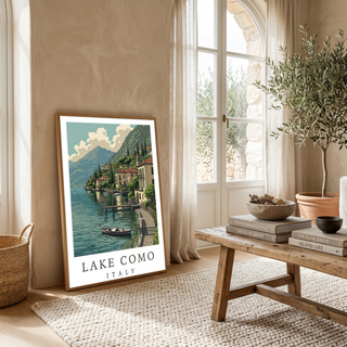 Lake Como Italy Travel Poster — Lakeside Village Boat Landscape Print