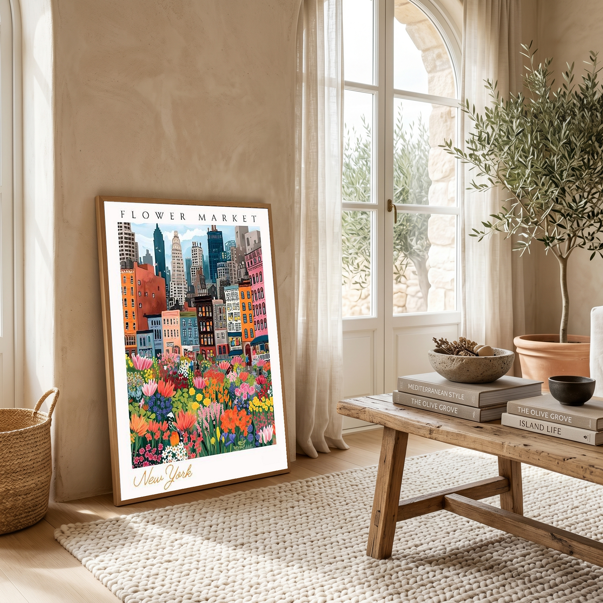 New York Flower Market Print — NYC Skyline Cityscape Botanical Art